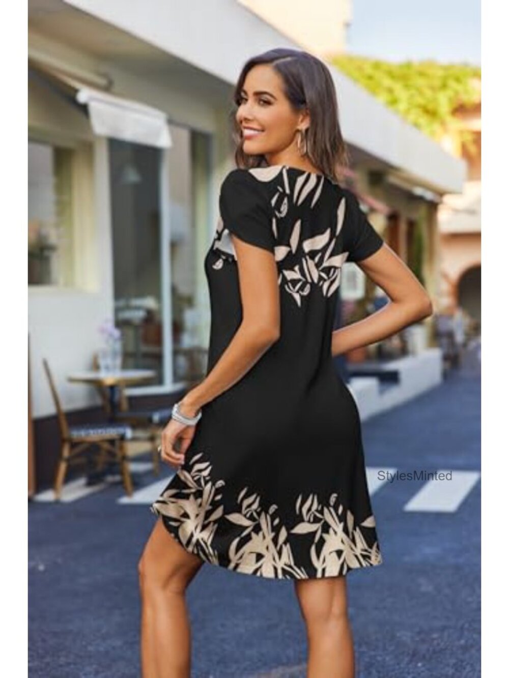 Floral A-Line Mini Dress with Pockets Flowy Sundress Summer Casual - Picture 4 of 6